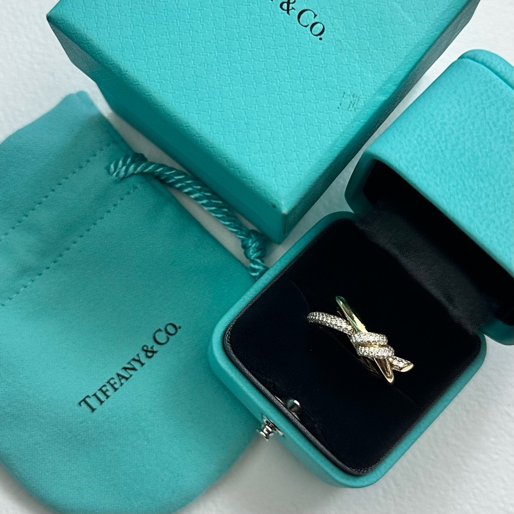 $8,500 Tiffany & Co. Knot Double Row Ring 18k Yellow Gold Pave Diamonds Size 7